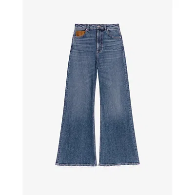 Maje Womens Blue Leather-pocket Wide-leg High-rise Stretch-denim Jeans