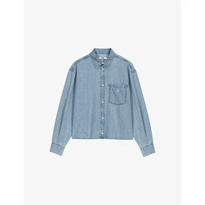 Maje Womens Logo-plaque Boxy-fit Denim Shirt Blue