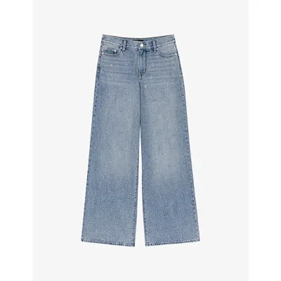 Maje Womens Blue Rhinestone-embellished Wide-leg Denim Jeans