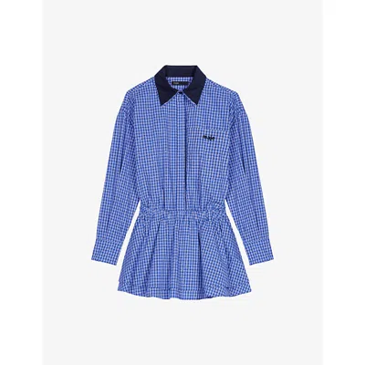 Maje Womens Blue Rhinestoned Tiles Rhinestone-embellished Contrast-collar Cotton Mini Dress
