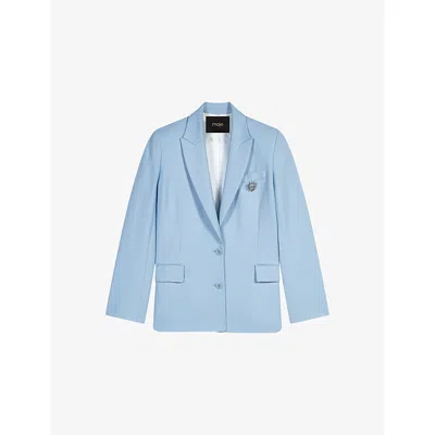 Maje Womens  Brooch Double-breasted Stretch-woven Blazer In Blue