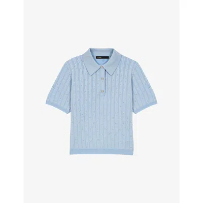 Maje Womens Blue Sky Rhinestone-embellished Cropped Wool-blend Polo Shirt