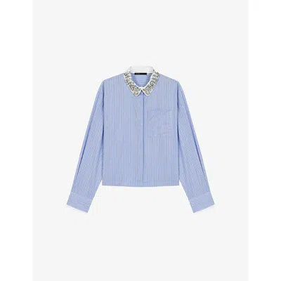 Maje Womens Blue Sky Striped Detachable-collar Cotton Shirt