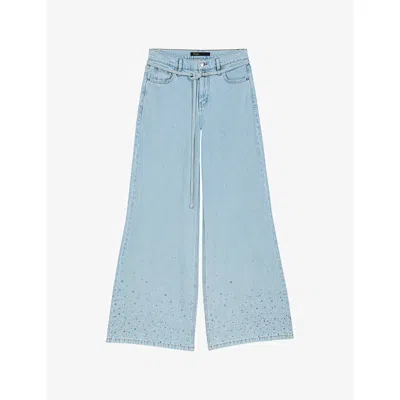 Maje Womens Blue Sky Wide-leg Rhinestone-embellished Denim Jeans