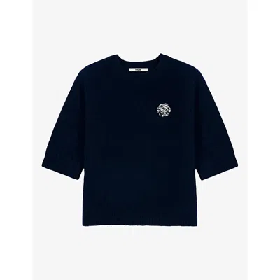 Maje Womens Brooch-embellished Short-sleeved Wool Jumper Navy In Multi