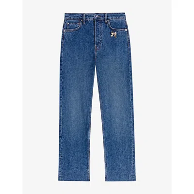 Maje Womens Brooch-embellished Slim-fit Stretch-denim Jeans Blue