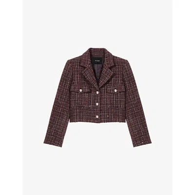Maje Womens Brown Cropped Chest-pocket Tweed Jacket