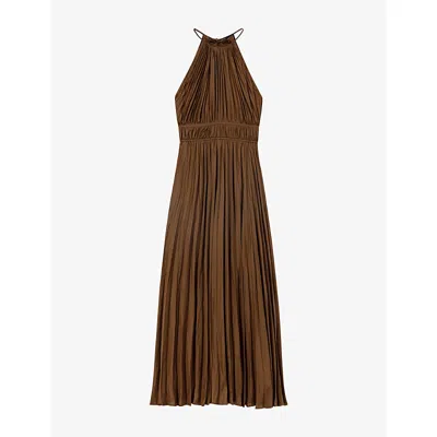 Maje Womens Brown High-neck Pleated Woven Maxi Dress