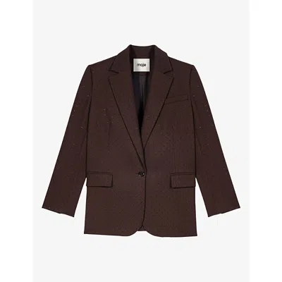 Maje Womens Brown Rhinestone Woven Suit Jacket