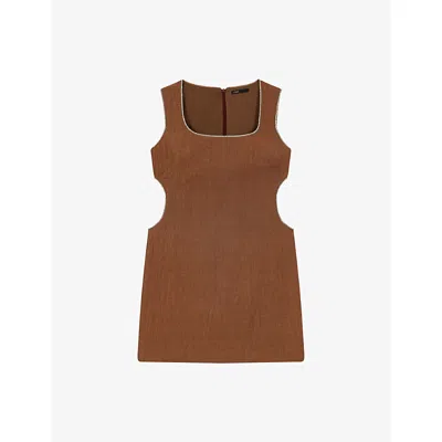 Maje Womens Brown Sleeveless Rhinestone-embellished Linen-blend Mini Dress