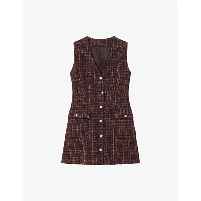 Maje Womens Brown V-neck Side-pocket Tweed Mini Dress