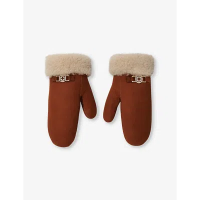 Maje Womens  Logo-hardware Shearling-trim Suede Gloves In Bruns