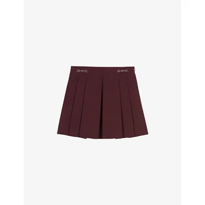 Maje Womens Burgundy Pleated Clover-chain Stretch Wool-blend Mini Skirt
