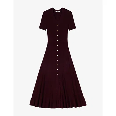 Maje Womens Burgundy V-neck Button-down Stretch-knit Midi Dress