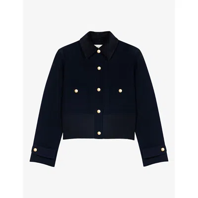 Maje Womens Button-embellished Double-faced Wool-blend Jacket Navy In Blue