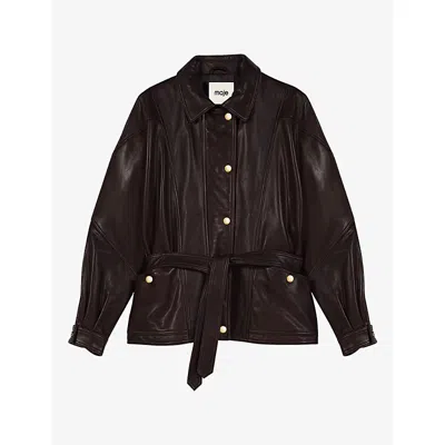 Maje Womens Button-embellished Relaxed-fit Leather Jacket Brown
