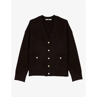Maje Womens Button-embellished Relaxed-fit Yak Wool-blend Cardigan Dark Brown In Black