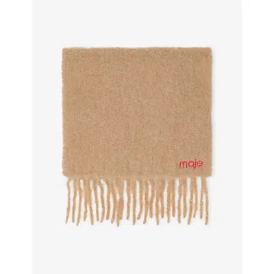 Maje Womens Camel Fringed Logo-embroidered Wool And Alpaca Scarf In Brown