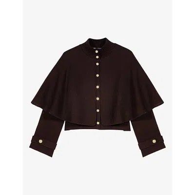 Maje Womens Cape High-neck Wool-blend Cardigan Dark Brown