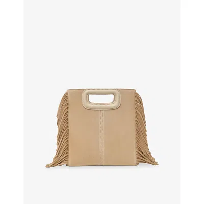 Maje Womens Cappucino M Fringed-trim Suede Shoulder Bag In Brown