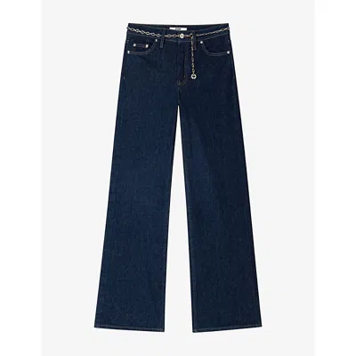 Maje Womens Chain-belt Wide-leg High-rise Stretch-denim Jeans Navy