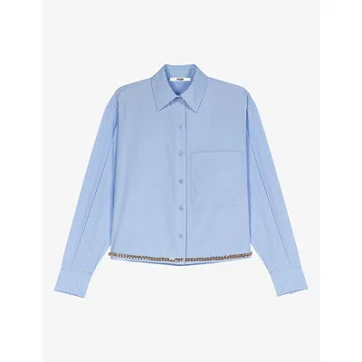 Maje Womens Chain-embellished Boxy-fit Cotton Shirt Light Blue