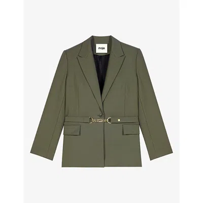 Maje Womens Chain-embellished Single-breasted Stretch Wool-blend Suit Jacket Khaki In Green