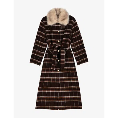 Maje Womens Checked Contrast-collar Wool-blend Coat Dark Brown