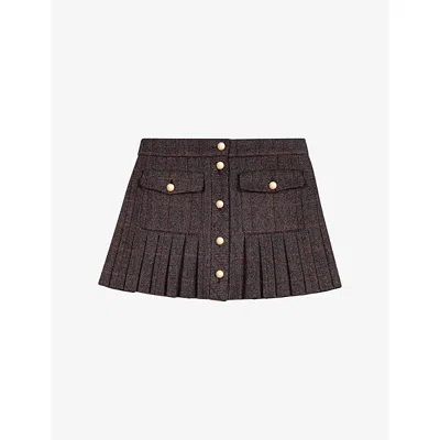 Maje Womens Checked Pleated Wool-blend Mini Skirt Brown