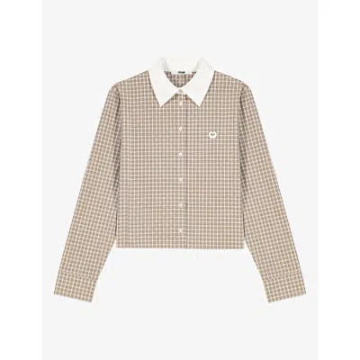 Maje Womens Checked Rhinestone-embellished Cotton Shirt Beige