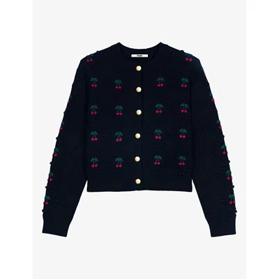 Maje Womens Cherry-embroidered Bobble-knit Wool Cardigan Navy In Blue