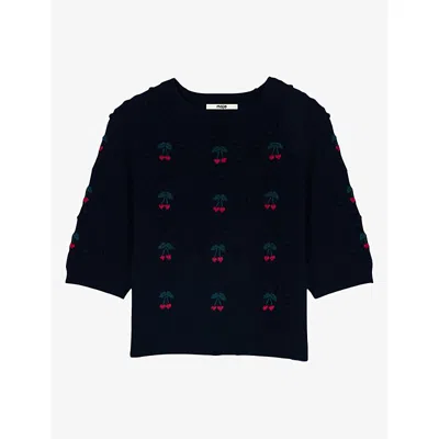 Maje Womens Cherry-embroidered Bobble-knit Wool Jumper Navy In Blue