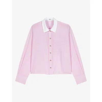 Maje Womens Contrast-collar Boxy-fit Cotton Shirt Pale Pink