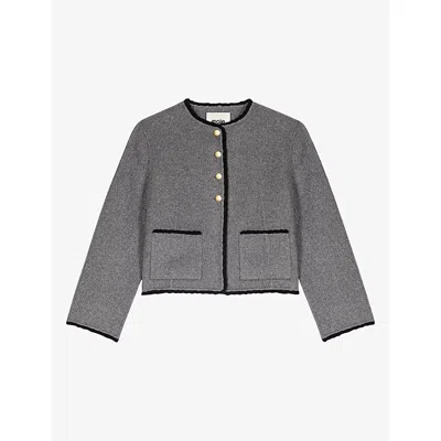 Maje Womens Contrast-trim Double-faced Wool-blend Jacket Light Grey