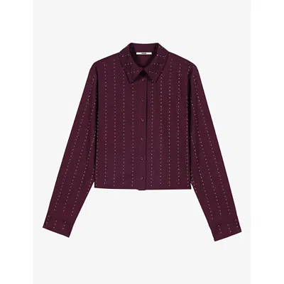 Maje Womens Cropped Rhinestone-embellished Stretch Cotton-blend Shirt Burgundy