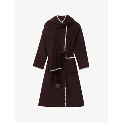 Maje Womens Dark Brown Embroidered Removable-scarf Wool-blend Coat