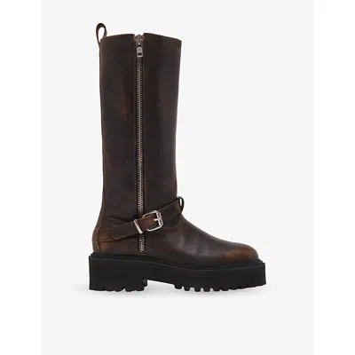 Maje Womens Dark Brown Knee-length Flat Leather Biker Boots Eur 40 / 7 Uk