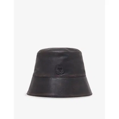 Maje Womens Dark Brown Logo-appliqué Distressed Leather Bucket Hat
