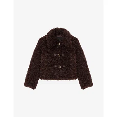 MAJE WOMENS DARK BROWN OVERSIZED-COLLAR LONG-SLEEVE FAUX-SHEARLING JACKET