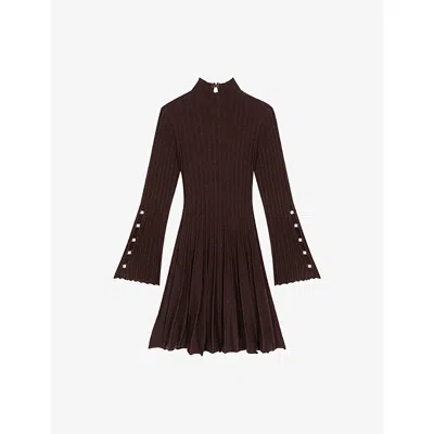 Maje Womens Dark Brown Pleated High-neck Stretch-knit Mini Dress