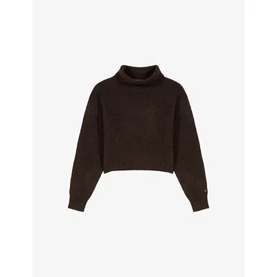 Maje Womens Dark Brown Ribbed Roll-neck Stretch-knit Jumper In Animal Print