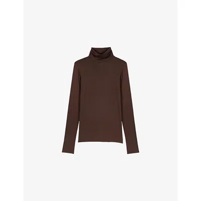 Maje Womens Dark Brown Roll-neck Long-sleeved Jersey Top In Multi