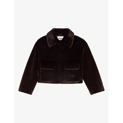 Maje Womens Dark Brown Short Embellished-collar Faux-fur Jacket