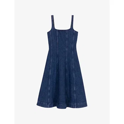 Maje Womens Denim Blue Round-neck Flared-skirt Sleeveless Stretch-denim Midi Dress