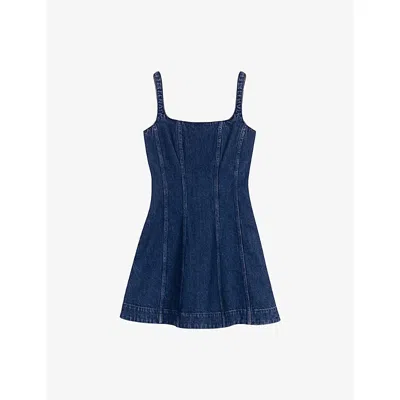 Maje Womens Denim Blue Round-neck Flared-skirt Sleeveless Stretch-denim Mini Dress