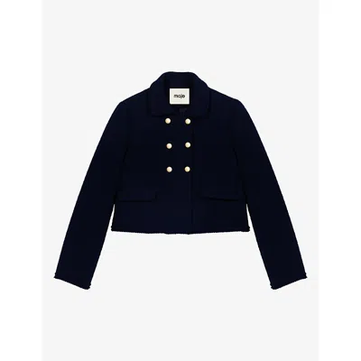 Maje Womens Double-breasted Cropped Tweed Jacket Navy