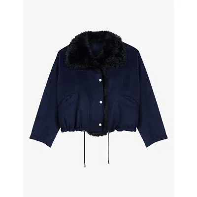 Maje Womens Double-faced Contrast-collar Wool-blend Coat Navy In Blue