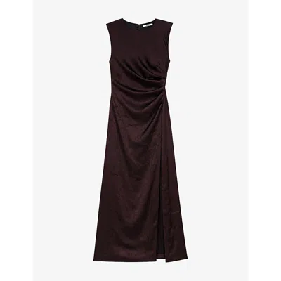 Maje Womens Draped Round-neck Satin-effect Maxi Dress Brown
