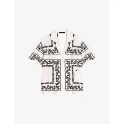 Maje Womens  Embroidered-trim Short-sleeve Linen-blend Shirt