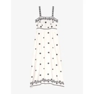 MAJE WOMENS FLORAL-EMBROIDERED CUT-OUT LINEN-BLEND MAXI DRESS ECRU / BLACK